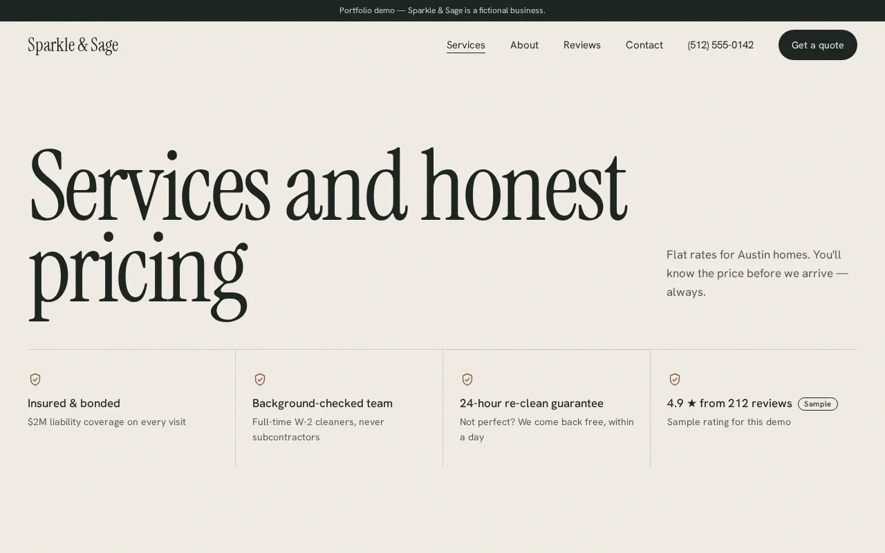 Sparkle & Sage services page with prices per clean
