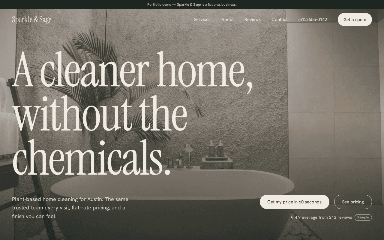 Finished SudsWeb build for Sparkle & Sage: full-bleed bathroom photo, large headline, clear quote button