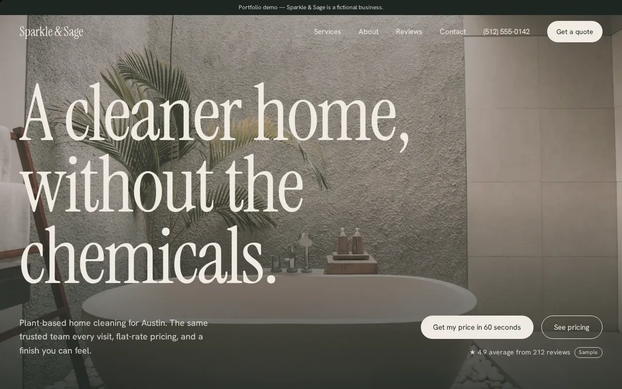 Finished SudsWeb build for Sparkle & Sage: full-bleed bathroom photo, large headline, clear quote button