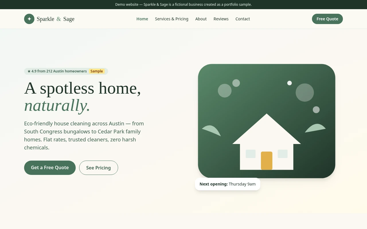 Template-style cleaning company homepage: small clip-art house, generic layout